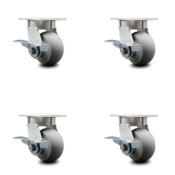 4 Inch Kingpinless Thermoplastic Rubber Wheel Swivel Caster Set with Brakes SCC